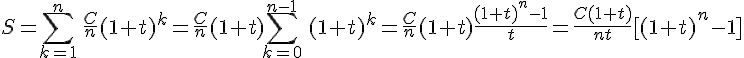 \Large \displaystyle S=\sum_{k=1}^{n}\,\frac{C}{n}(1+t)^k=\frac{C}{n}(1+t)\sum_{k=0}^{n-1}\,(1+t)^k=\frac{C}{n}(1+t)\frac{(1+t)^n-1}{t}=\frac{C(1+t)}{nt}[(1+t)^n-1]